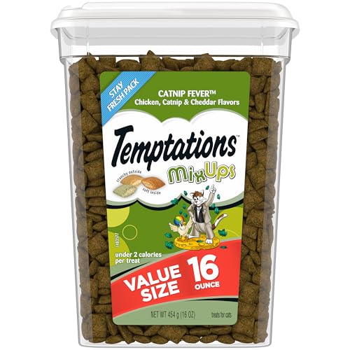 TEMPTATIONS MIXUPS Crunchy and Soft Cat Treats Catnip Fever Flavor, 16 oz. Tub
