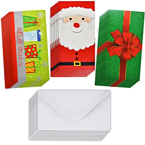 24 Christmas Card Gift Holder - Christmas Money Holder - Christmas Greeting Cards with Envelopes Bulk Assorted in 3 Holiday Cute Festive Designs with Glitter and Foil Winter Holiday Cards Box Set