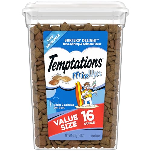 TEMPTATIONS MIXUPS Crunchy and Soft Cat Treats Surfer's Delight Flavor,Tuna, Shrimp, Salmon ,16 oz. Tub