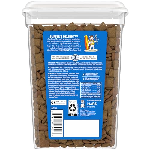 TEMPTATIONS MIXUPS Crunchy and Soft Cat Treats Surfer's Delight Flavor,Tuna, Shrimp, Salmon ,16 oz. Tub