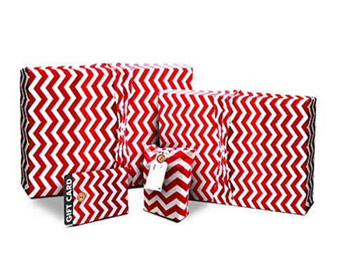 Gift Wrap Pack - Stretchy Fabric, Reusable and Eco Friendly - Red & White Chevron/Polka Dots (4 Pack 1 Small, 1 Medium, 2 Gift Card Holders with 2 FREE Gift Tags)