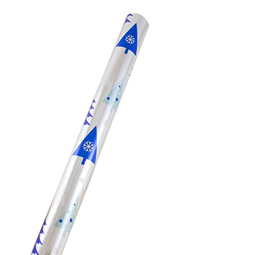 JAM PAPER Gift Wrap - Christmas Foil Wrapping Paper - 25 Sq Ft - Silver with Blue Trees - Roll Sold Individually
