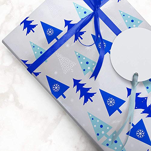 JAM PAPER Gift Wrap - Christmas Foil Wrapping Paper - 25 Sq Ft - Silver with Blue Trees - Roll Sold Individually