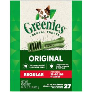 GREENIES Original Regular Natural Dog Dental Care Chews Oral Health Dog Treats, 27 oz. Pack (27 Treats)