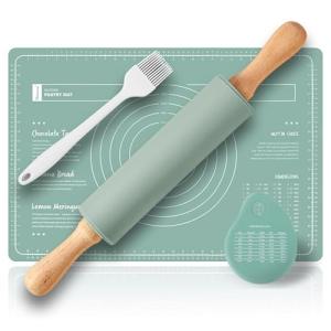 Wooden Rolling Pin and Baking Mat Set - 4 Pieces