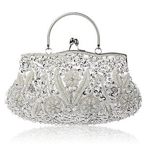 Silver Beaded Sequin Flower Evening Purse