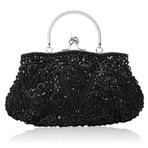 Beaded Flower Evening Clutch Bag - Black