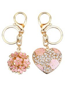 Pink Flower and Heart Crystal Keychain Set
