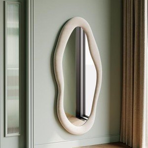 Ivory White Irregular Wall Mirror with Wooden Frame
