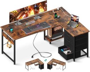 Vintage L-Shaped Gaming Desk with USB Ports