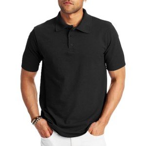 Hanes Men's Black Short Sleeve Polo Shirt, Large
