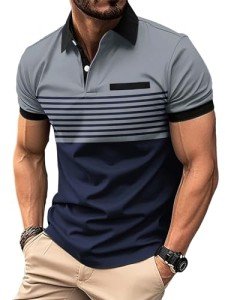 Men's Short Sleeve Striped Golf Shirt - Blue & Grey