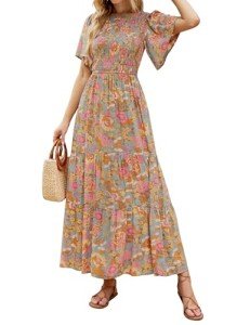 ZESICA Women's Floral Print Maxi Dress in Grey Green