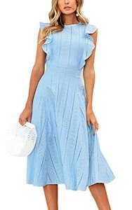 Elegant Blue Midi Dress with Ruffle Cap Sleeves