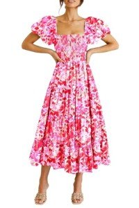 Floral Summer Midi Dress with Puffy Sleeves