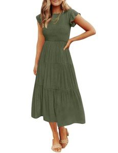 ZESICA Women's Army Green Flutter Sleeve Midi Dress