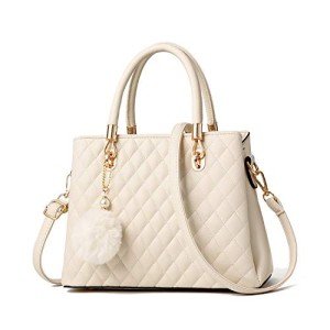 Stylish Women's Leather Handbag with Pompon - White