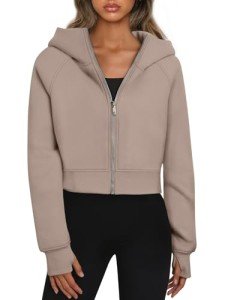 Trendy Women's Cropped Zip Up Hoodie - Coffee Grey