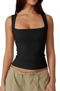 QINSEN Women's Black Square Neck Double-Layer Tank Top