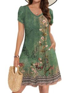Bohemian Spring T-Shirt Dress for Women, Green Print