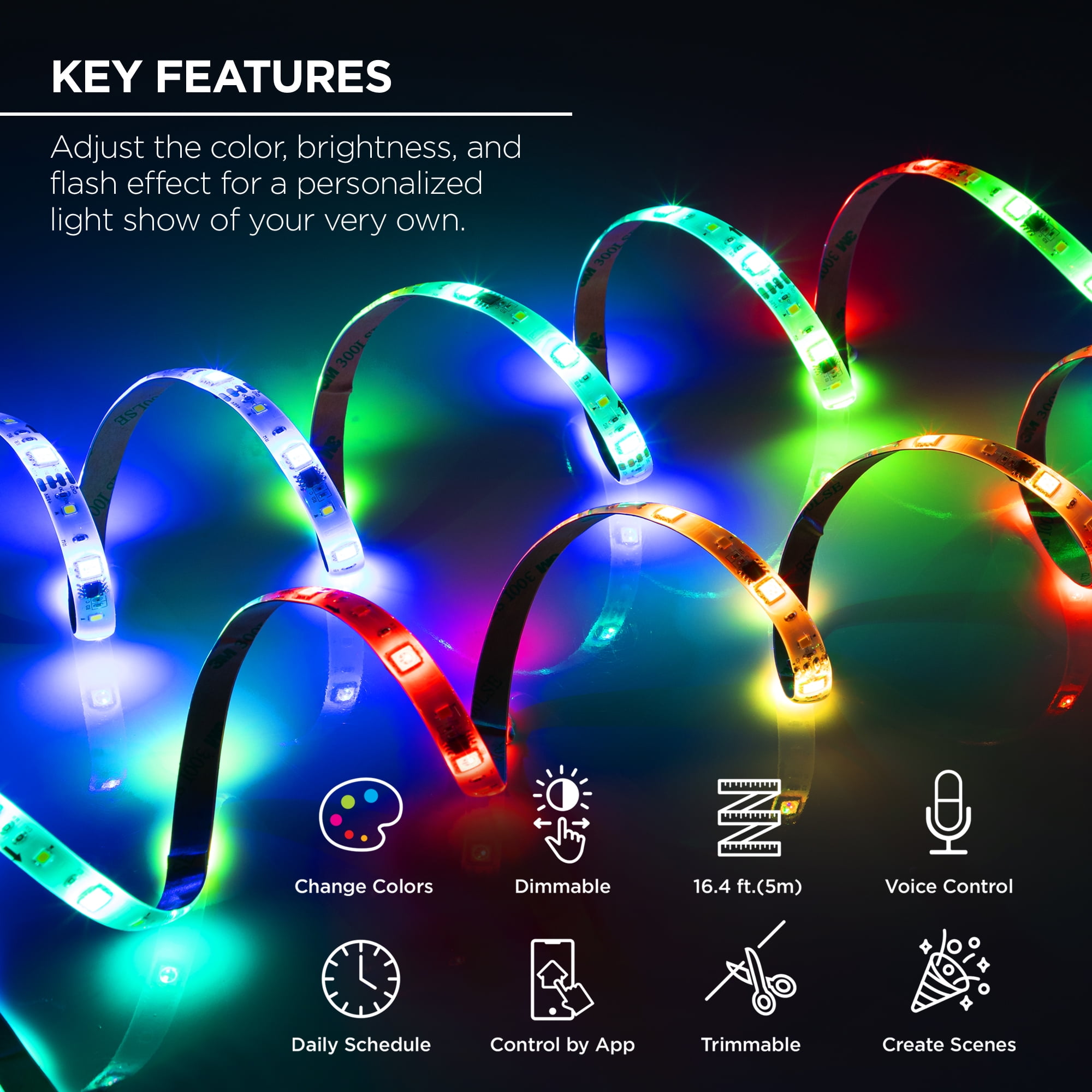 16ft Smart RGBW Strip Lights with Sound-Sync
