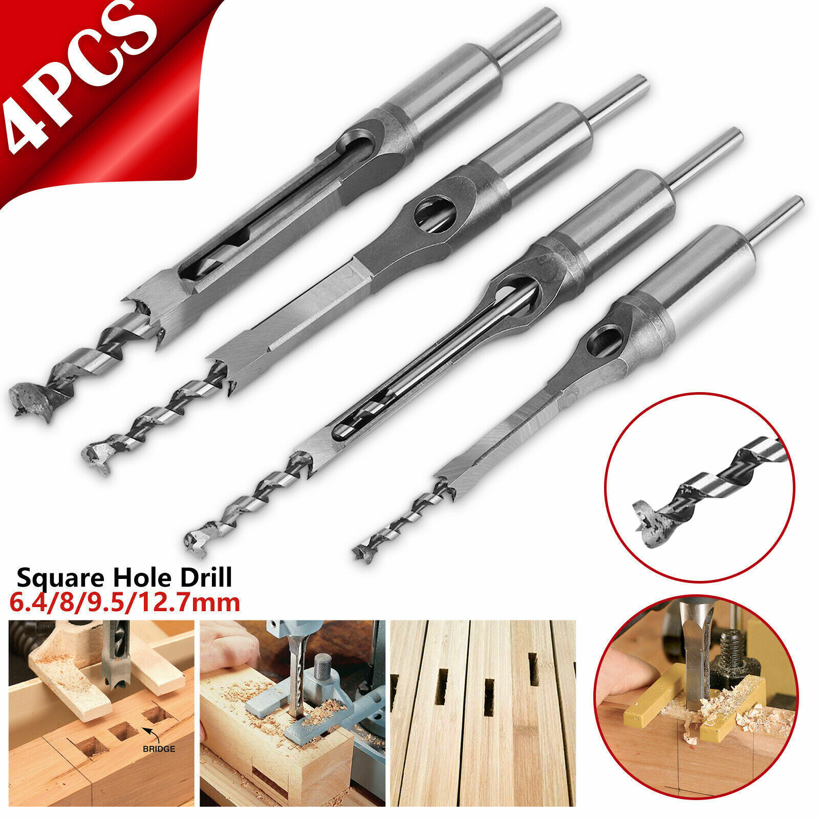 Set of 4 Square Hole Woodworking Bits