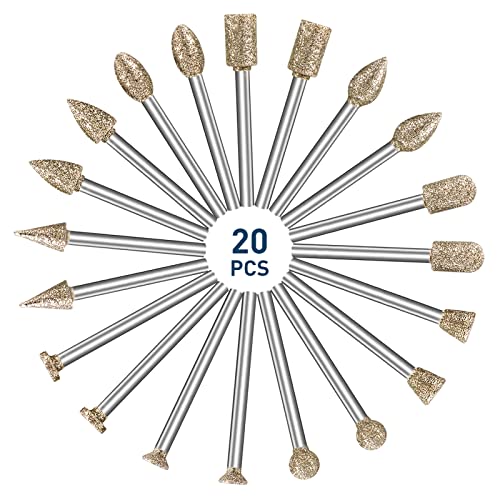 20-Piece Diamond Burr Set for Stone Carving, Engraving, Polishing