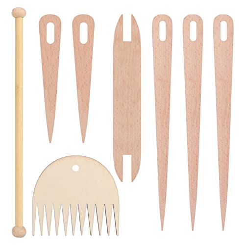 CALIDAKA 8Pcs Wood Hand Loom Stick Set DIY Handcrafts Tools Include 5Pcs Wood Weaving Crochet Needle with Wooden Shuttles Tapestry Weaving Stick & Weaving Comb for Tapestry Knitting(Wood)
