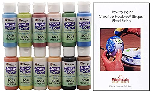 Mayco Stroke and Coat Glaze for Ceramics Kit 3 | 12 Assorted 2 oz Jars with How to Paint Pottery Book