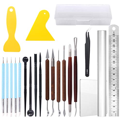 Glarks 21Pcs Carving Modeling Clay Sculpting Tool Set Including Pottery Sculpture Tool, Silicone Tip Pen, Dual-End Dotting Clay Tool, Scraper, Tweezers, Ruler, Acrylic Clay Roller, Acrylic Sheet