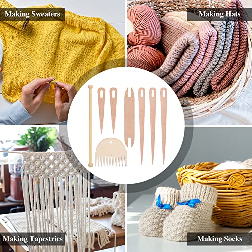 CALIDAKA 8Pcs Wood Hand Loom Stick Set DIY Handcrafts Tools Include 5Pcs Wood Weaving Crochet Needle with Wooden Shuttles Tapestry Weaving Stick & Weaving Comb for Tapestry Knitting(Wood)