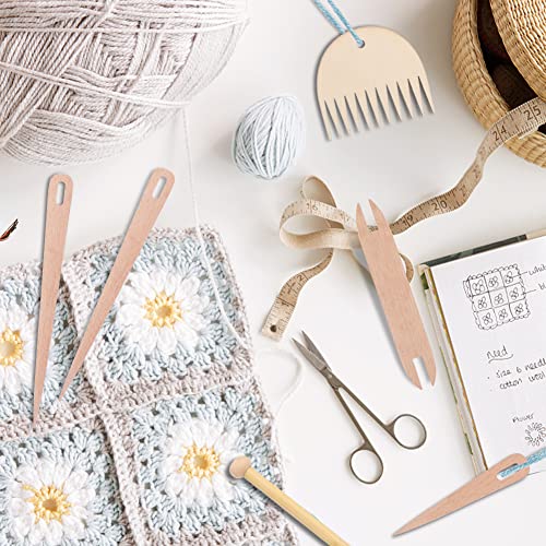 CALIDAKA 8Pcs Wood Hand Loom Stick Set DIY Handcrafts Tools Include 5Pcs Wood Weaving Crochet Needle with Wooden Shuttles Tapestry Weaving Stick & Weaving Comb for Tapestry Knitting(Wood)