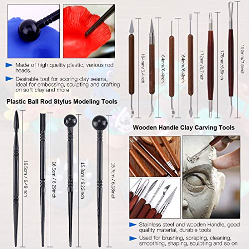 Glarks 21Pcs Carving Modeling Clay Sculpting Tool Set Including Pottery Sculpture Tool, Silicone Tip Pen, Dual-End Dotting Clay Tool, Scraper, Tweezers, Ruler, Acrylic Clay Roller, Acrylic Sheet