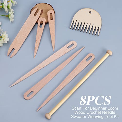 CALIDAKA 8Pcs Wood Hand Loom Stick Set DIY Handcrafts Tools Include 5Pcs Wood Weaving Crochet Needle with Wooden Shuttles Tapestry Weaving Stick & Weaving Comb for Tapestry Knitting(Wood)