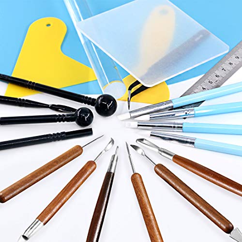 Glarks 21Pcs Carving Modeling Clay Sculpting Tool Set Including Pottery Sculpture Tool, Silicone Tip Pen, Dual-End Dotting Clay Tool, Scraper, Tweezers, Ruler, Acrylic Clay Roller, Acrylic Sheet