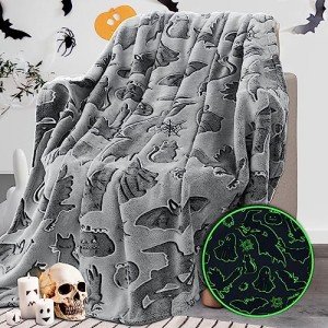 Glow in the Dark Black Cats and Bats Halloween Fleece Throw Blanket, 50 x 60