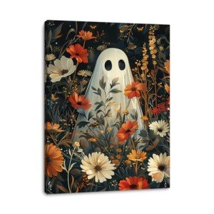 Cute Floral Ghost Halloween Canvas Wall Art 12x16