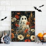 Cute Floral Ghost Halloween Canvas Wall Art 12x16