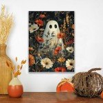 Cute Floral Ghost Halloween Canvas Wall Art 12x16