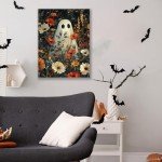 Cute Floral Ghost Halloween Canvas Wall Art 12x16