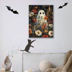 Cute Floral Ghost Halloween Canvas Wall Art 12x16