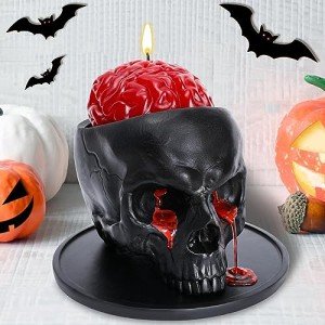 Gothic Bleeding Skull Candle Holder with Brain for Halloween Decor