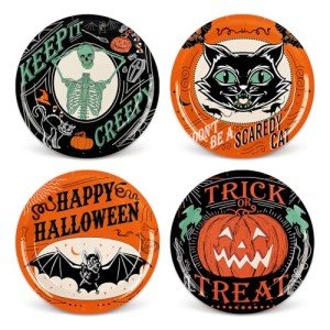 Vintage Halloween Paper Plates - Black & Orange, 40 Pcs