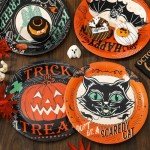 Vintage Halloween Paper Plates - Black & Orange, 40 Pcs