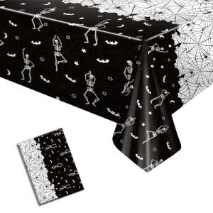 Black Skeleton Skull Vinyl Tablecloth for Halloween Parties