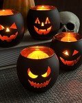 Set of 6 Black Glass Jack O'Lantern Candle Holders