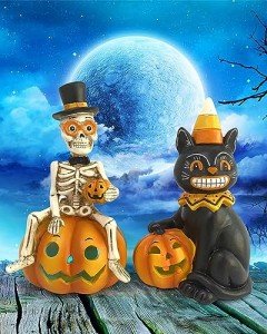 Black Cat & Skeleton on Pumpkin Retro Vintage Halloween Decor
