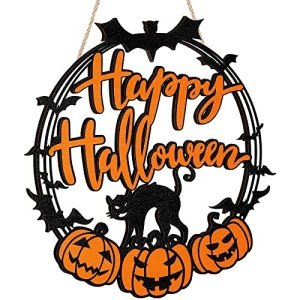 Black Cat Pumpkin Halloween Welcome Sign