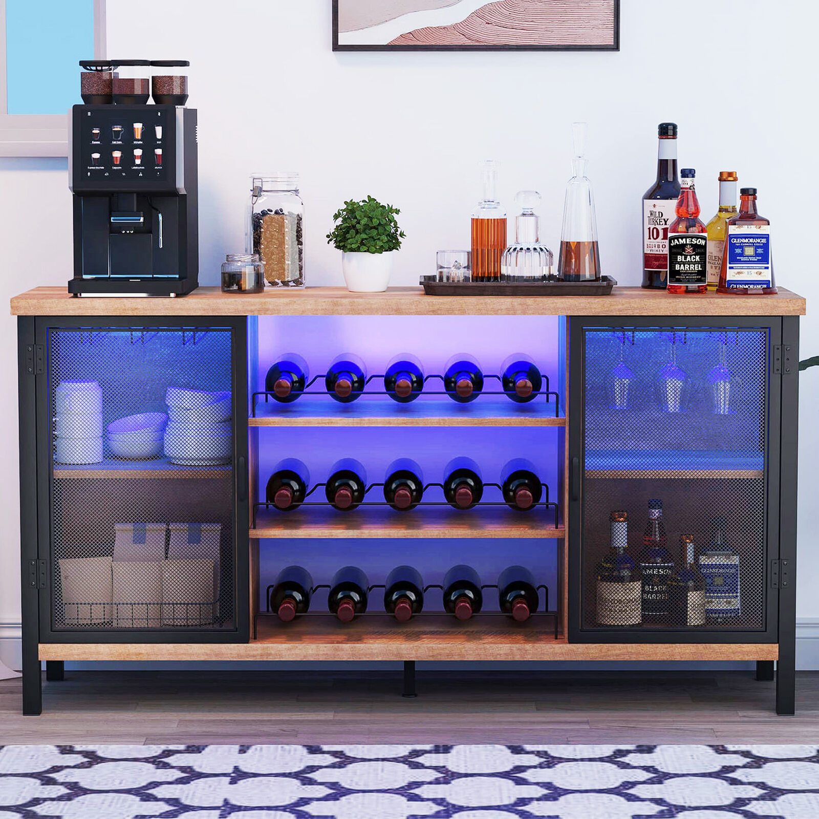 LED Wine Cabinet with Removable Rack and Glass Holder