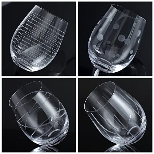 Handmade Etched Stemless Wine Glasses - Set of 4